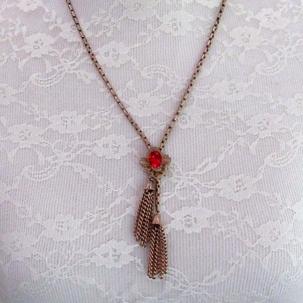 Art Deco Revival red rhinestone fringed pendant